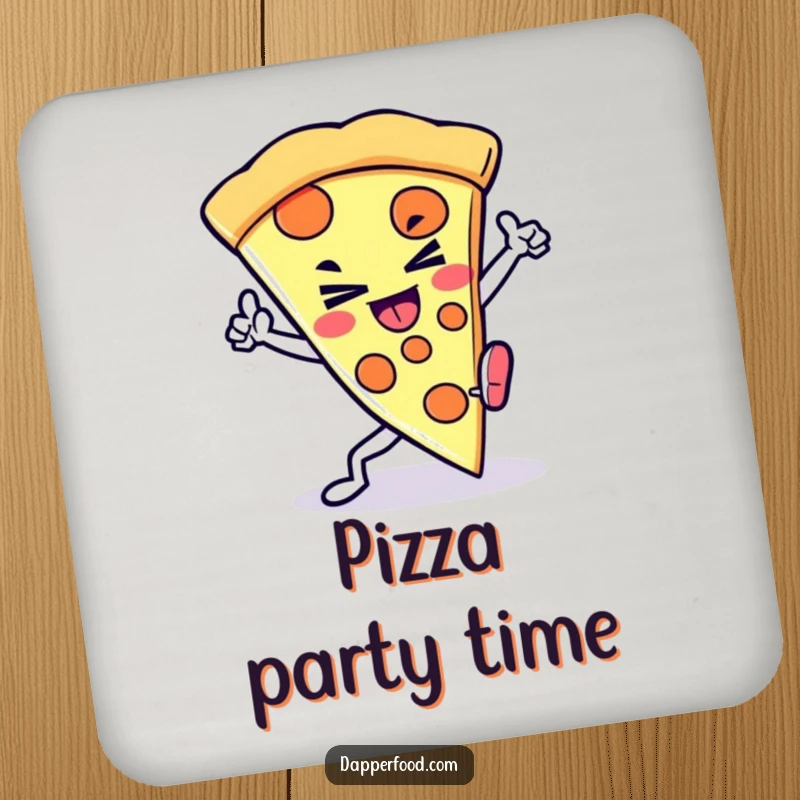 Funny Kawaii Pizza Kick Coasters: Set of coasters featuring a determined pizza slice character kicking, protecting surfaces with humor, a nice funny gift.