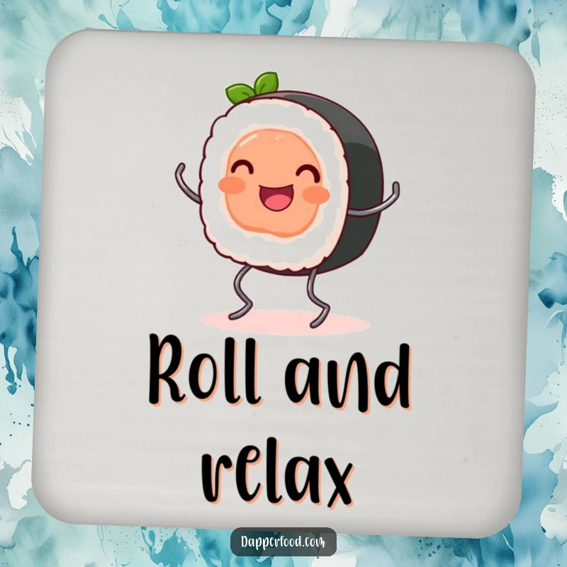 Funny Coaster: A happy sushi roll with tiny spring legs bounces, a cute piece of Japanese food art.
