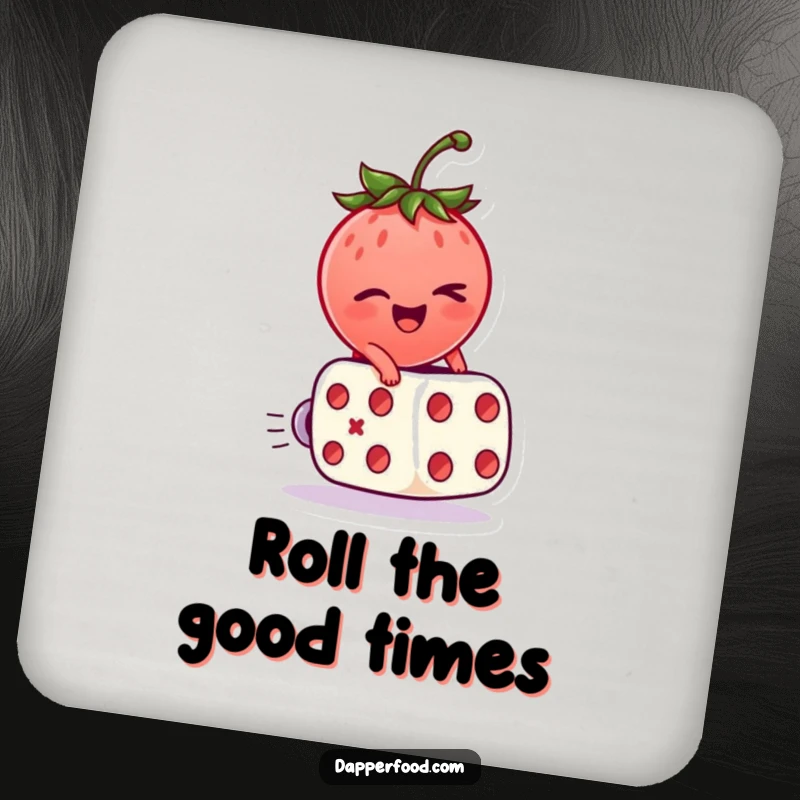 Funny Drink Coasters showing a winking strawberry character riding a rolling dice, adding whimsical charm.