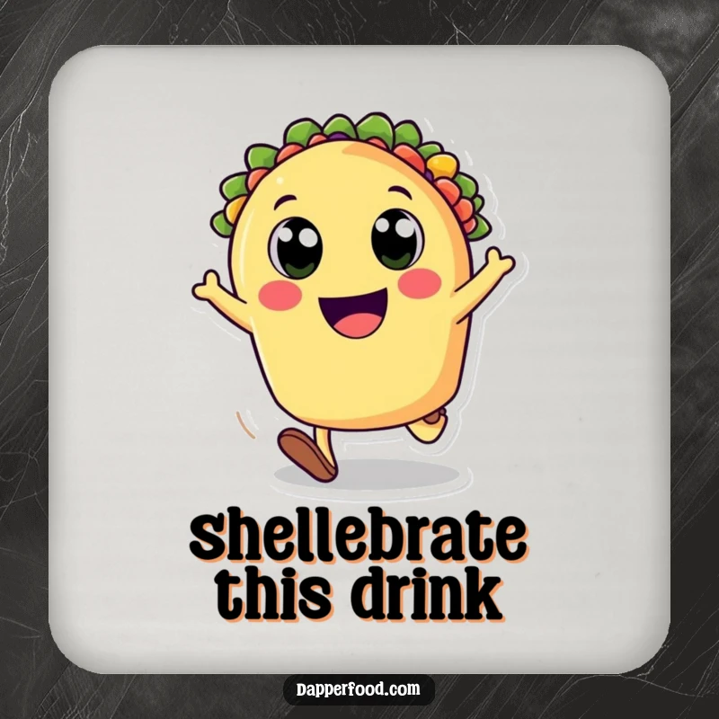 Funny drink coasters featuring a happy taco character cartwheeling, adding a touch of playful food art to protect furniture. Ideal funny gift.