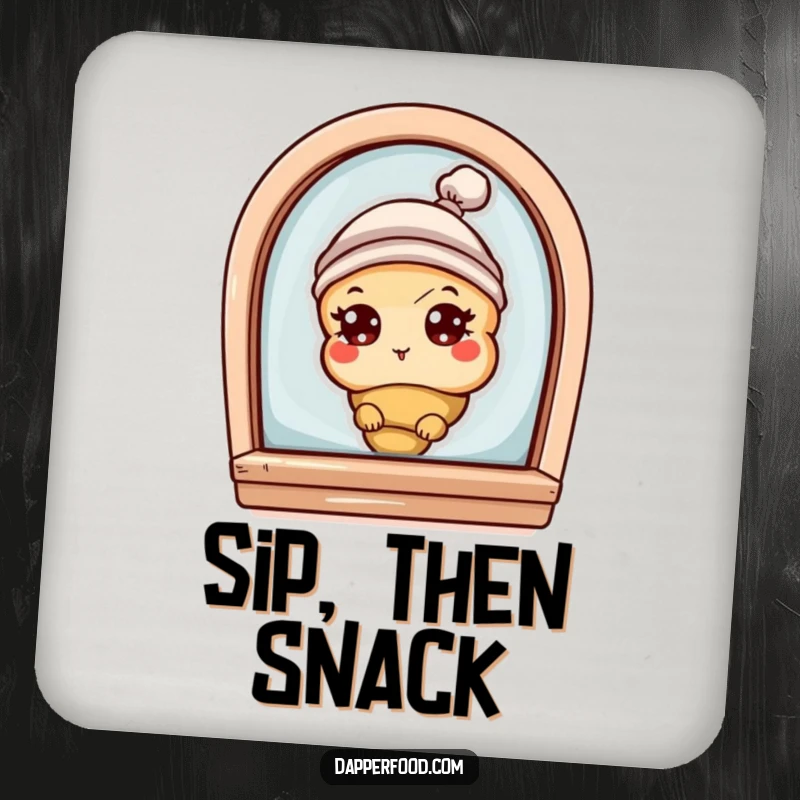 Funny drink coaster showing a curious croissant character with eyes and a tiny hat, peeking from a bakery window, for surface protection.