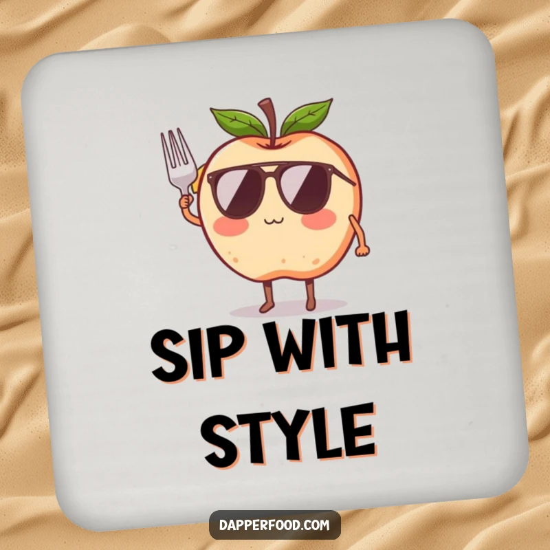 Funny drink coaster featuring a blushing apple character wearing sunglasses and saluting with a tiny fork, a humorous table protector.