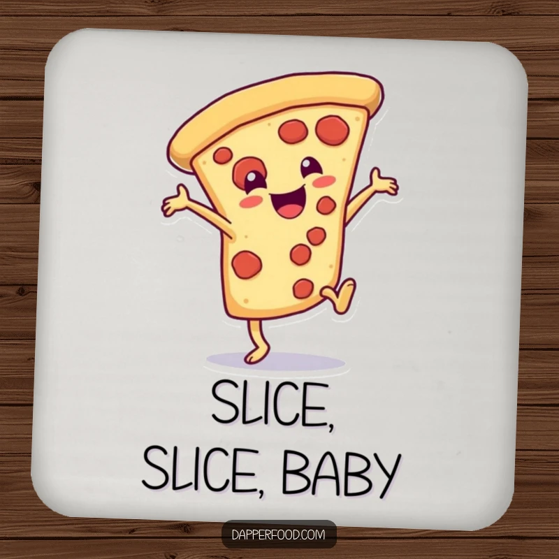 Funny Drink Coasters showing a delighted pizza slice character doing a dramatic cartwheel, adding whimsical charm.