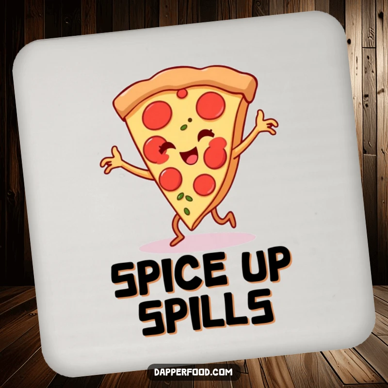 Funny pizza slice drink coaster, tiny legs in a flamenco pose, providing humorous surface protection with vibrant food art.