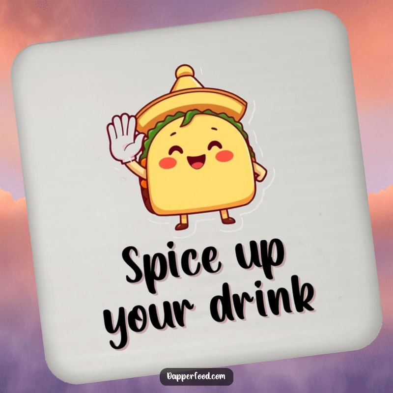 Funny Drink Coasters showcasing a taco character in a sombrero, saluting, adding a touch of humor to beverage service.