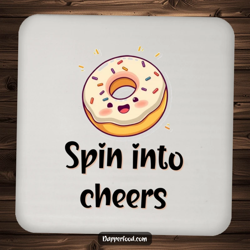 Funny drink coaster with an excited donut with sprinkles joyfully spinning on its edge, protecting surfaces.