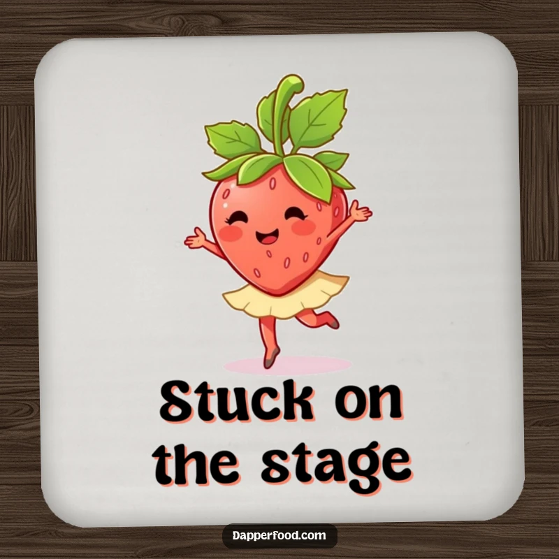 A happy strawberry character does a ballet twirl with its leaves on this funny drink coaster, adding charm.