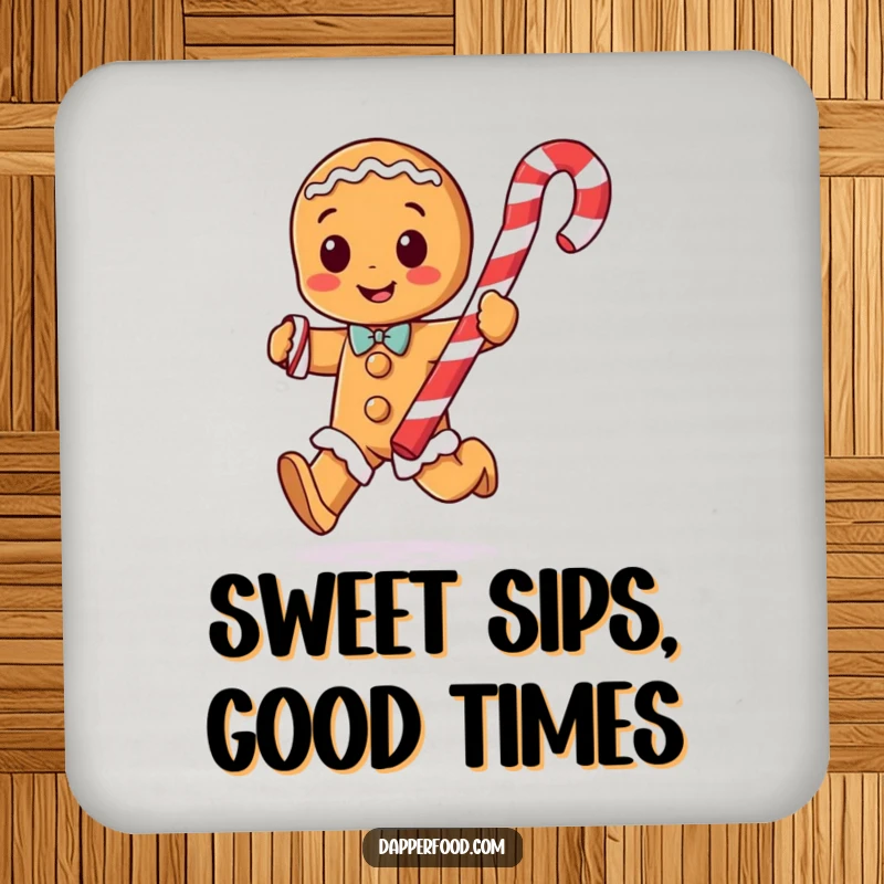 Funny gingerbread man character with arms running with a giant candy cane on a drink coaster, adding festive flair.