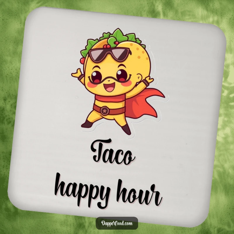 Funny drink coaster featuring a cheerful taco striking a superhero pose, providing heroic protection to tables.