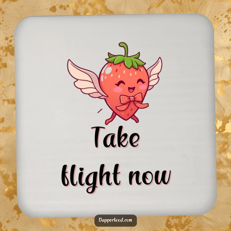 Funny drink coaster featuring a delightful strawberry character with legs, wearing a ribbon and wings, whimsical table protection.