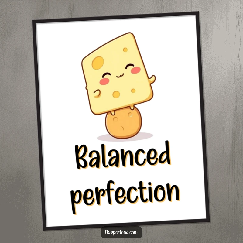 Funny cheese cracker giggle poster, kawaii cheese character giggling while balancing on a cracker, witty wall art, perfect funny gift.