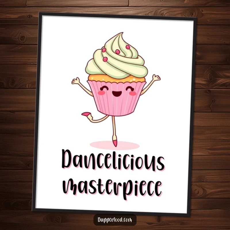 Funny poster art of a cheerful cupcake with legs doing a ballet pirouette, celebrating sweetness and graceful movement.