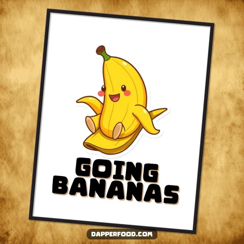 Funny poster of a smiling banana gleefully sliding down a banana peel, creating playful and humorous wall decor.