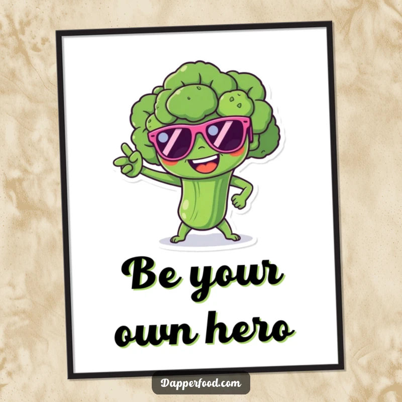 Funny broccoli spear character with tiny sunglasses, striking a dramatic superhero pose, a humorous and vibrant wall art poster.