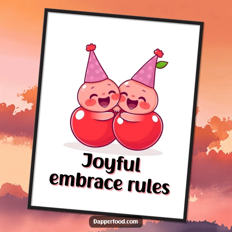 Funny giggling cherries wearing tiny party hats, sharing a joyful, exaggerated hug, a humorous wall art poster.
