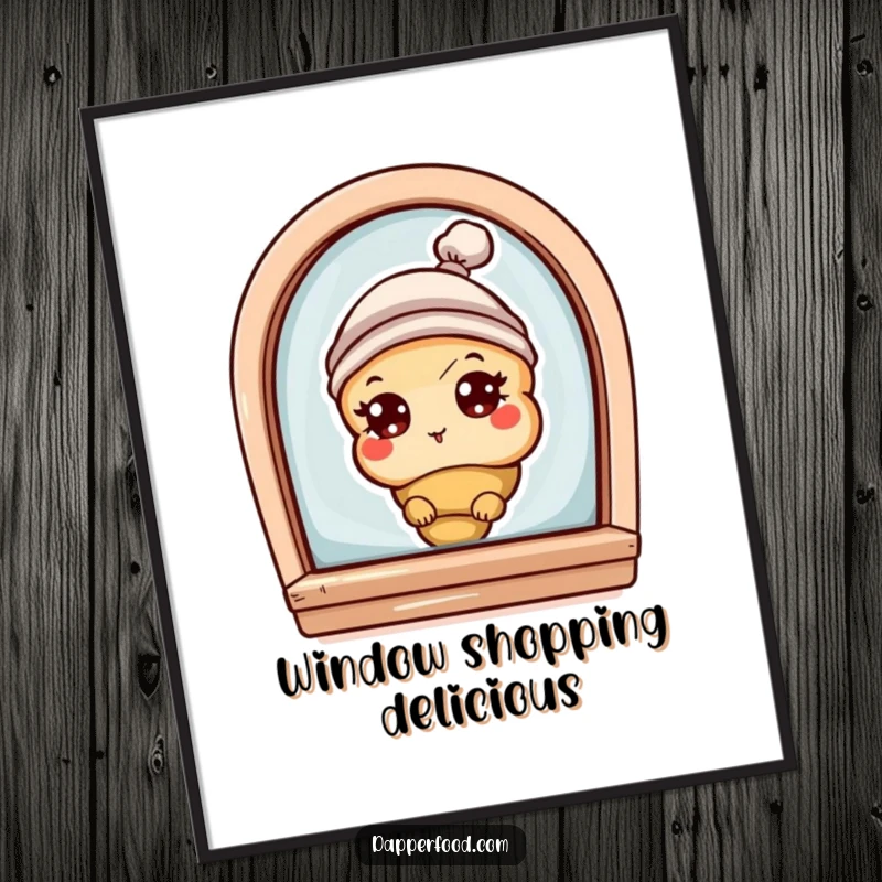 Funny poster of a curious croissant character with eyes and a tiny hat, peeking from a bakery window, adding bakery charm.