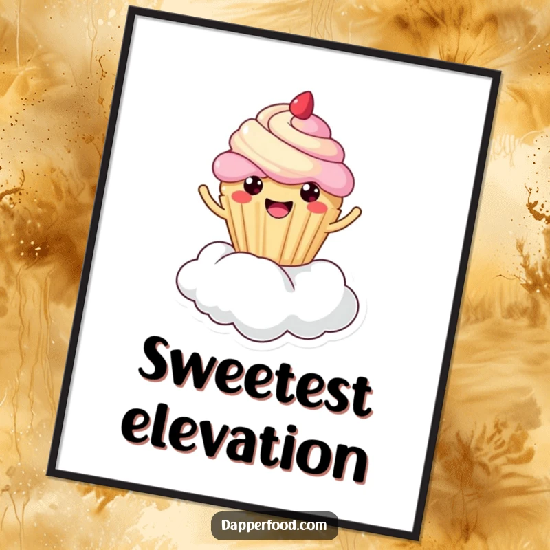 Funny cupcake cloud bounce poster, kawaii character joyfully bouncing on a cloud, sweet and whimsical wall art, perfect funny gift.