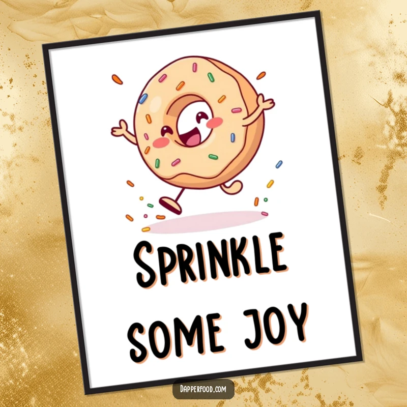 Funny Poster of a happy donut character playfully bouncing a giant sprinkle, bringing vibrant energy and charm.