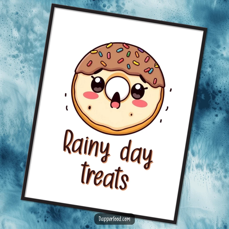 Funny poster art of a wide-eyed doughnut character experiencing a delightful surprise as colorful sprinkles rain down.