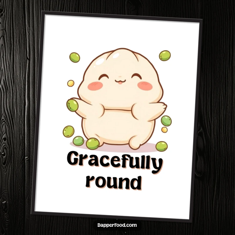 Funny Dumpling Poster displaying a playful character with rosy cheeks, balancing on a tiny ball, ideal for adding adorable and playful wall decor.
