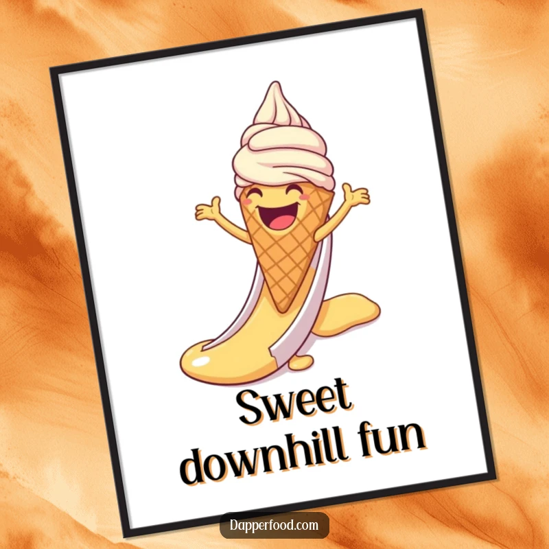 Funny poster art of a laughing ice cream cone with arms sliding down a syrup slide, capturing the pure joy of a sweet treat.
