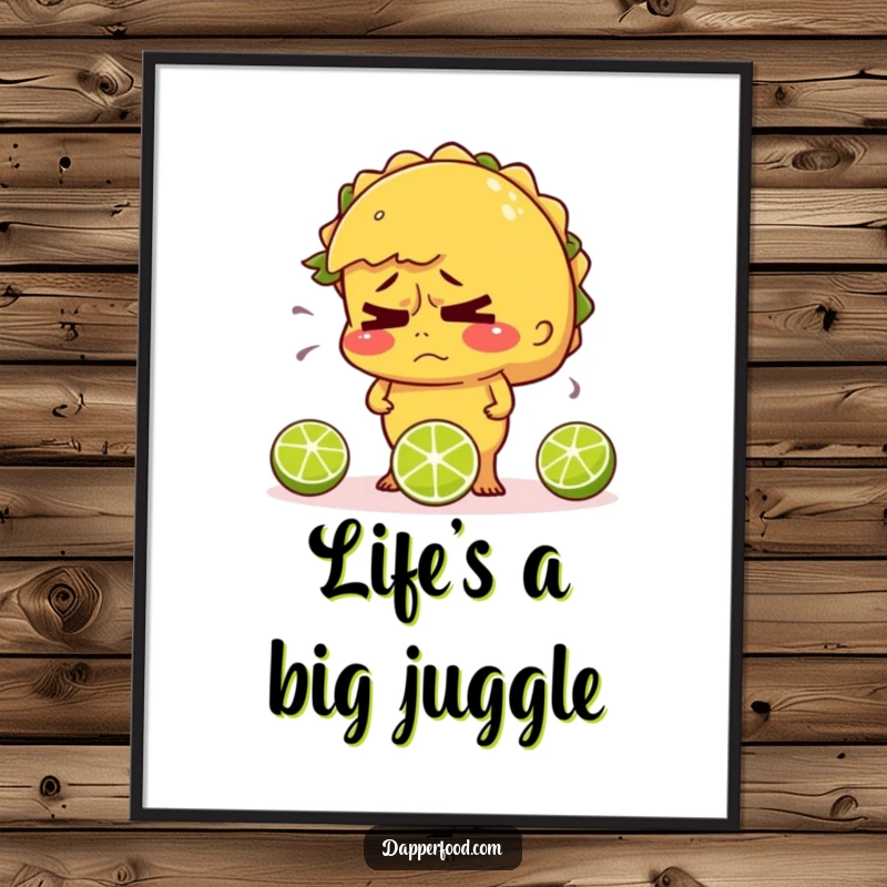 Funny poster of a nervous, sweating taco juggling three tiny limes, conveying relatable chaos and humor.