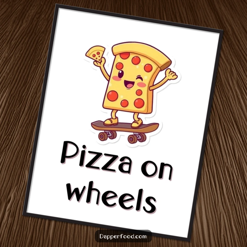 Funny poster art of a smiling pizza slice character balancing on a skateboard, one slice extended upwards, a true stunt master.