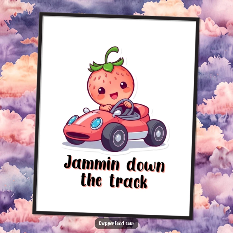 Funny poster depicting a smiling strawberry character in a tiny race car, capturing a moment of exhilarating, humorous speed.