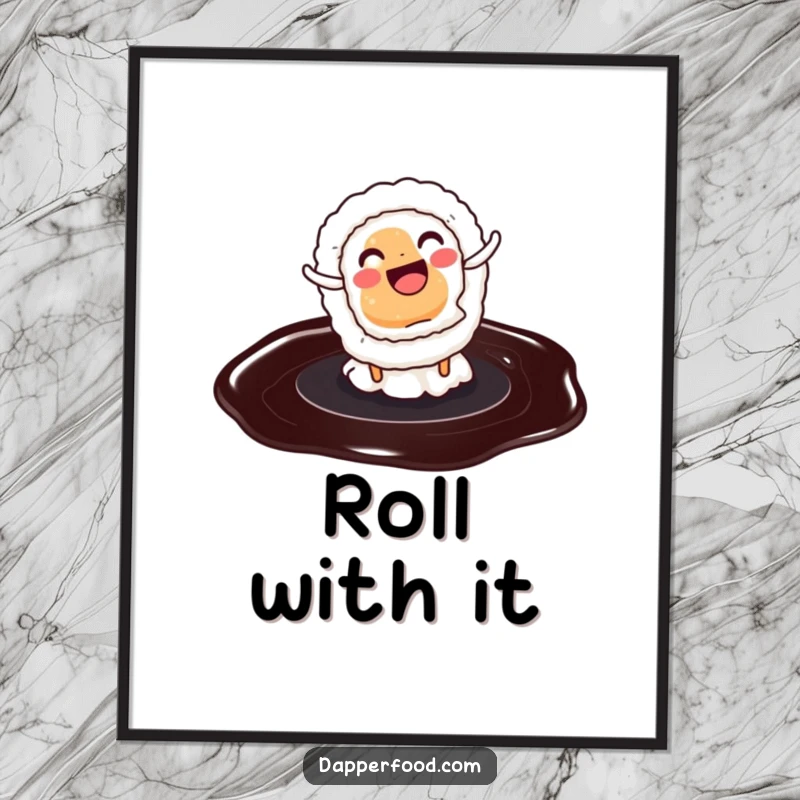 Funny poster print of a smiling sushi roll executing a cartwheel on a soy sauce puddle, exuding playful energy.