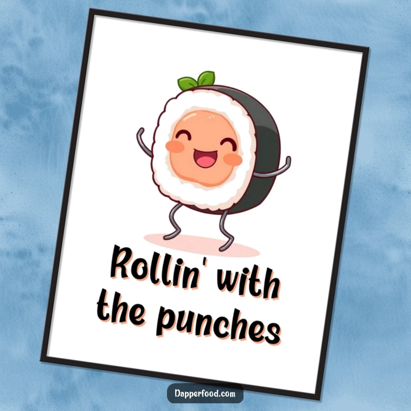 Funny Poster: A happy sushi roll with tiny spring legs bounces along, a charming and vibrant piece of sushi art.