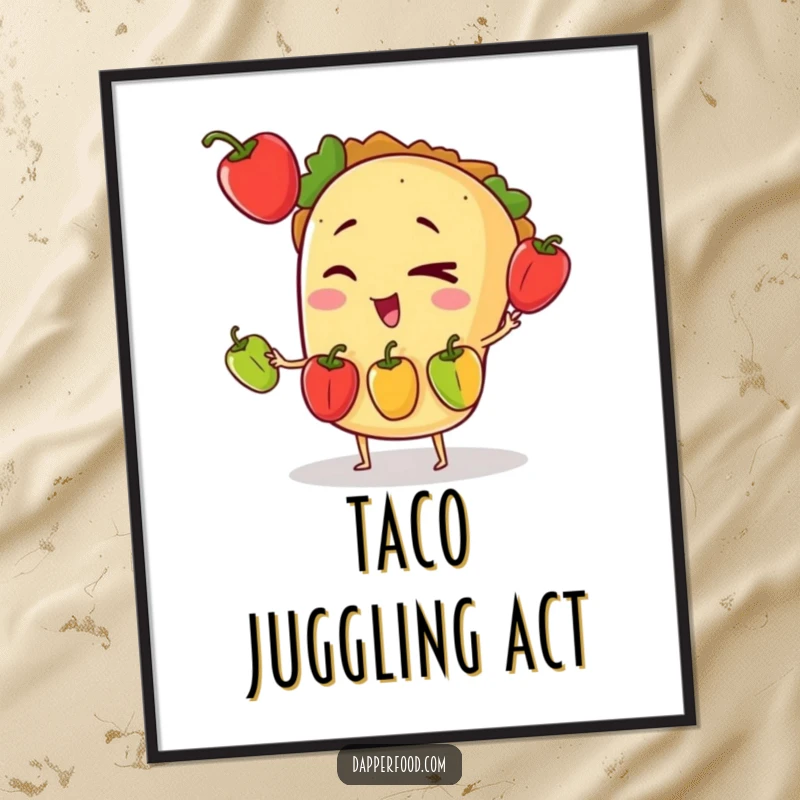 Funny poster art of a winking taco character masterfully juggling three small bell peppers, showcasing impressive culinary skills.