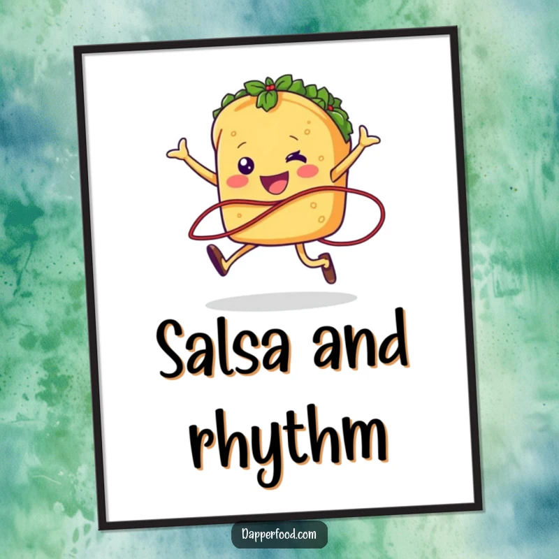 A cheerful taco character jumping rope with salsa, presented as a humorous and vibrant poster for wall art.