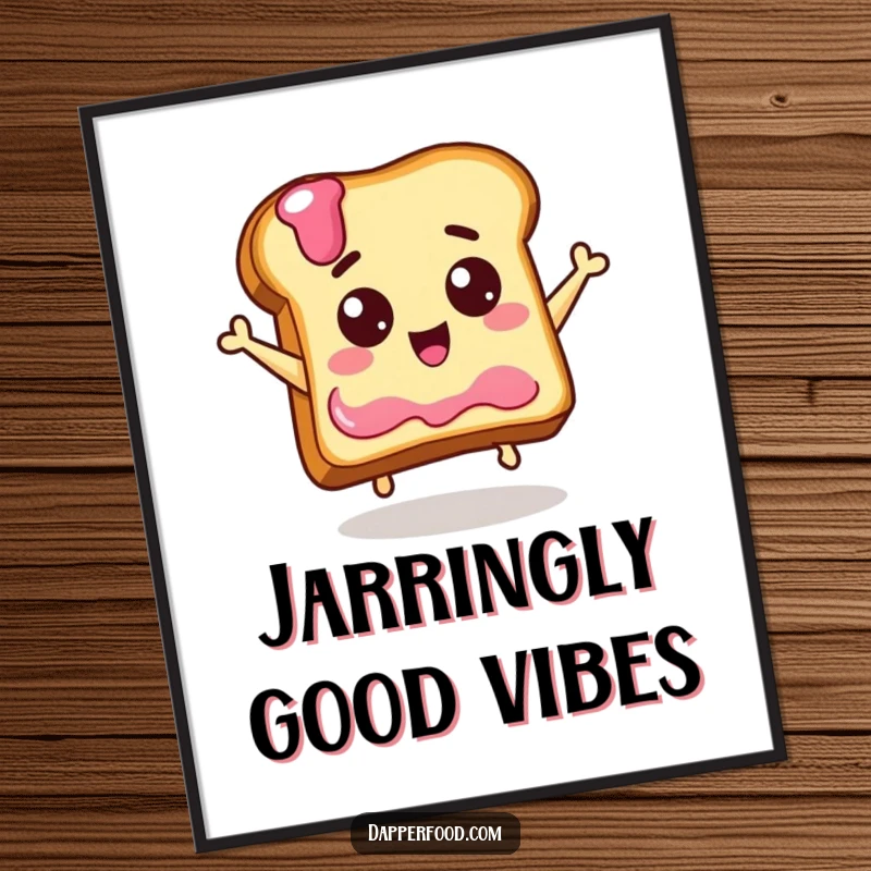 Funny poster art of a delighted piece of toast with eyes jumping high to grab a jelly jar, radiating breakfast cheerfulness.