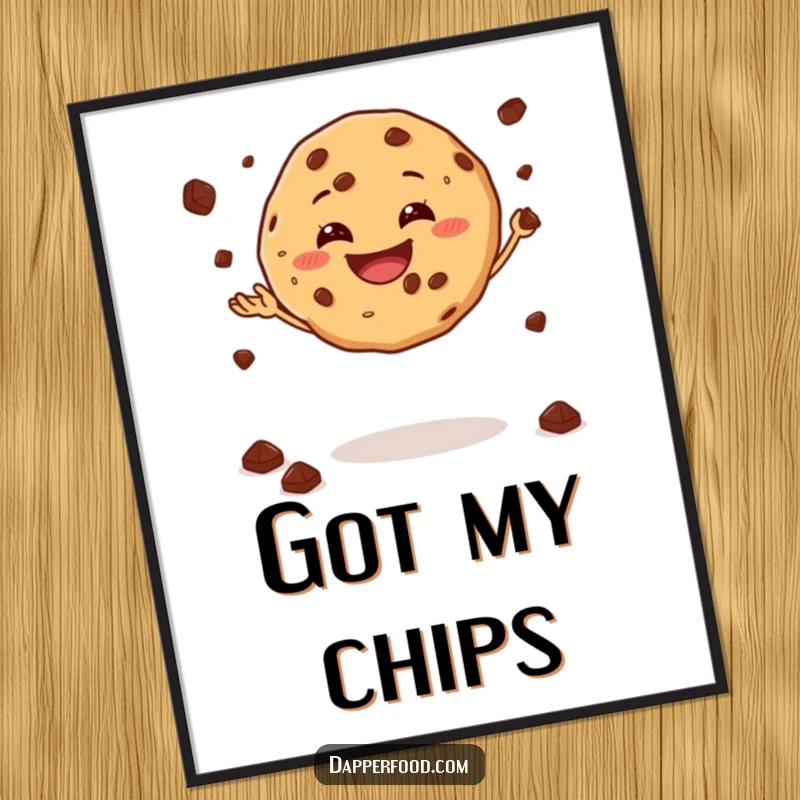 Funny poster print of a smiling cookie gleefully juggling chocolate chips while demonstrating impressive balance.