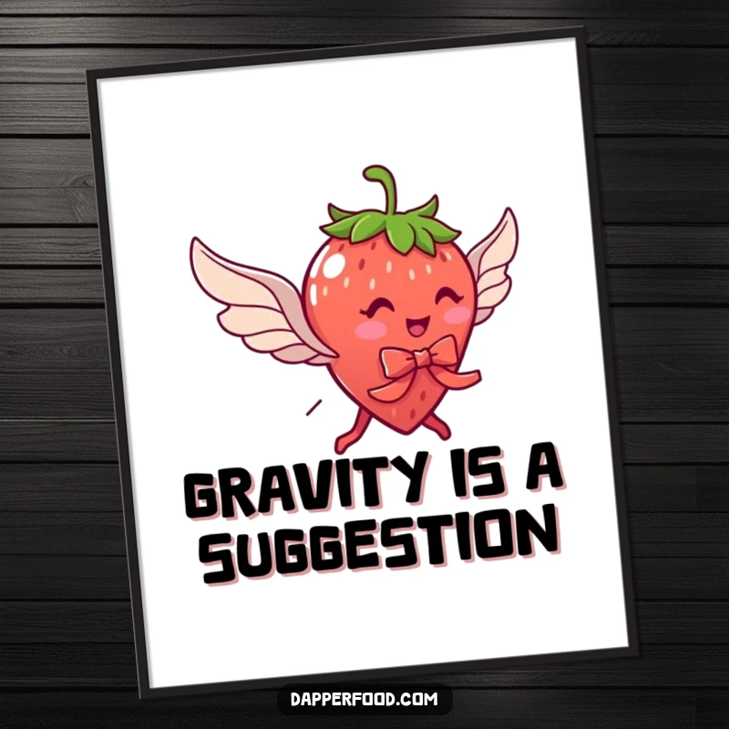 Funny poster print of a delightful strawberry character with legs, wearing a ribbon and wings, trying to fly.