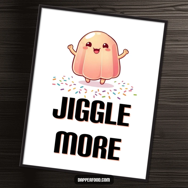 Funny poster print of a happy jelly bouncing with pure joy on a vibrant, sprinkle-filled surface.