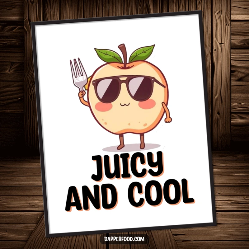 Funny poster print of a blushing apple character wearing sunglasses and saluting with a tiny fork, perfect wall art.