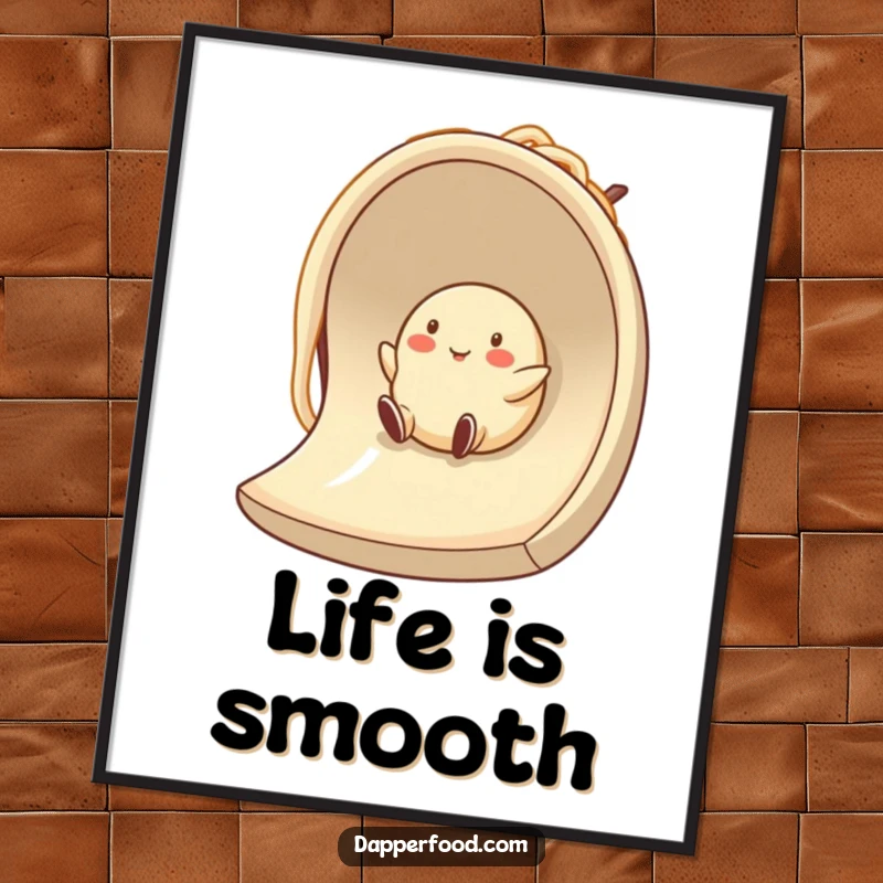 A smiling dumpling character sliding down a noodle slide, presented as a humorous and appetizing poster.