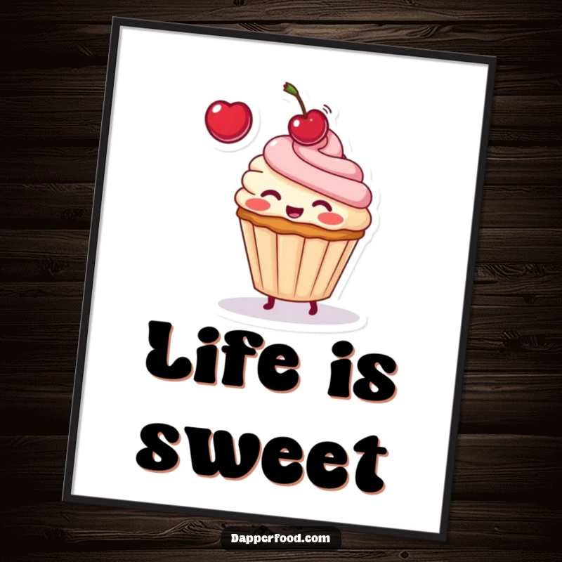 Funny poster art of a blushing cupcake character playfully tossing a single cherry high into the air, celebrating a sweet moment.