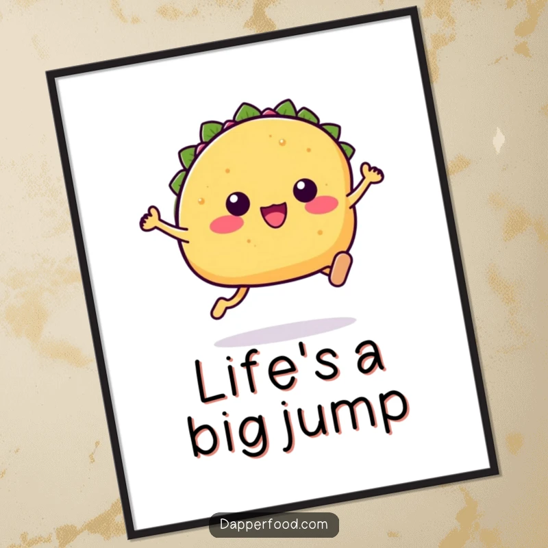 Funny Kawaii taco poster showing a cute taco character with small legs in a high-energy leaping pose.