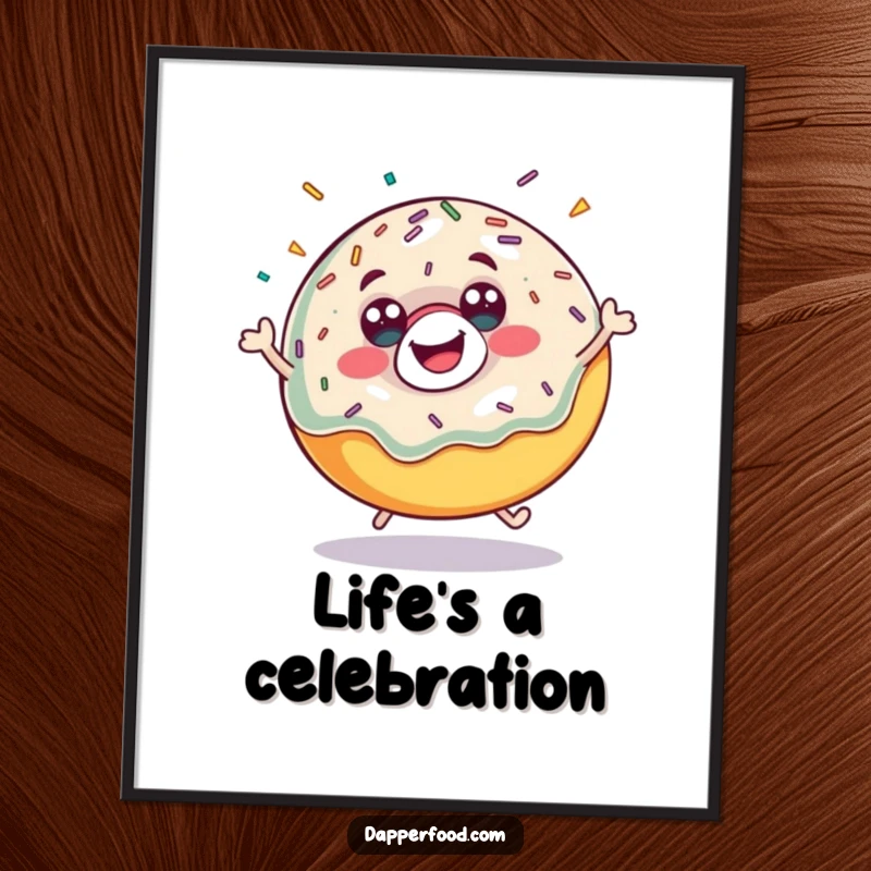 Funny donut bounce poster, a happy character mid-bounce with sprinkles flying, bringing energetic sweetness indoors. Ideal funny gift.