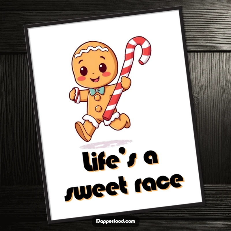 Funny gingerbread man character with arms running with a giant candy cane, displayed as festive wall art.