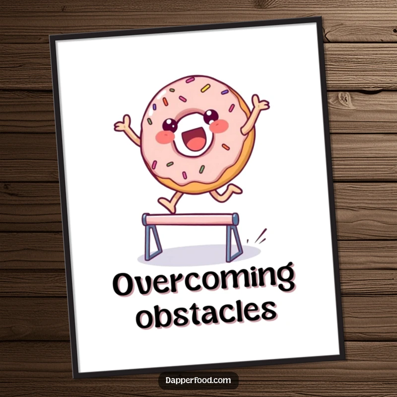 Funny poster showing a delighted, sprinkled donut character leaping over a tiny hurdle, conveying pure joy and athletic sweetness. Ideal funny gift.