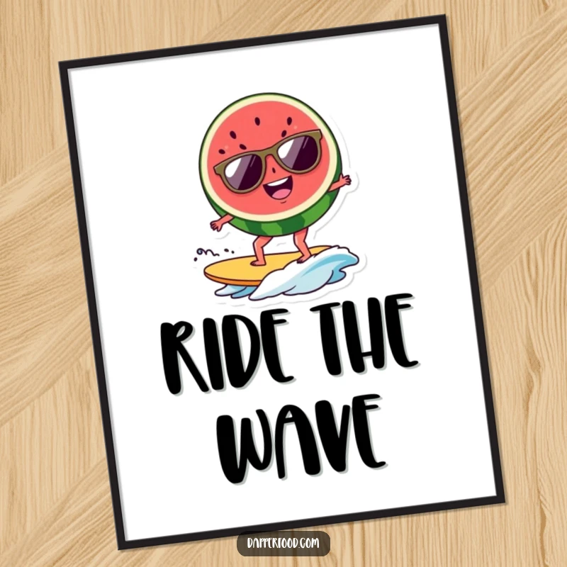 Funny watermelon surfer poster, a sunglasses-wearing slice riding a wave, bringing cool, tropical energy indoors. Ideal funny gift.