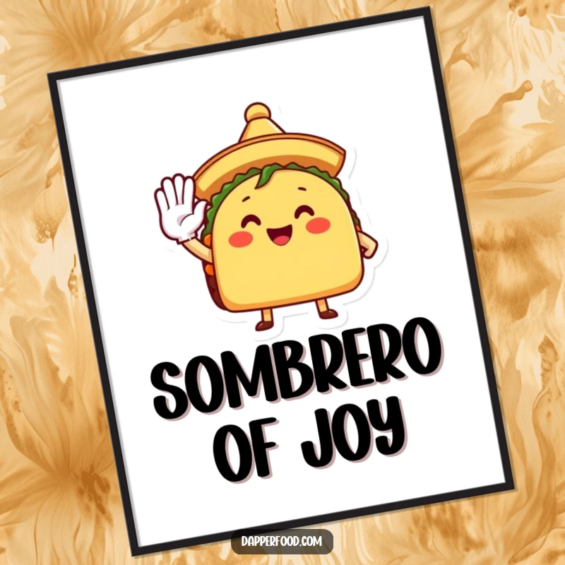 Funny Poster of a happy taco character in a sombrero, giving an enthusiastic salute, adding a comedic touch.