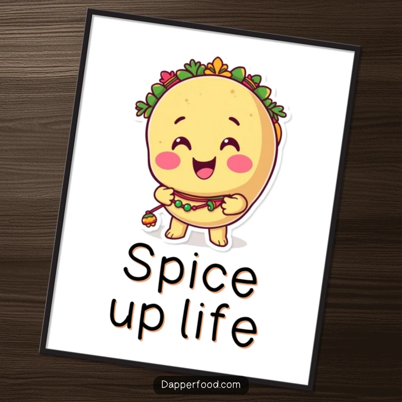 Funny taco poster featuring a smiling anthropomorphic taco character energetically shaking tiny, colorful maracas, bringing a festive vibe.