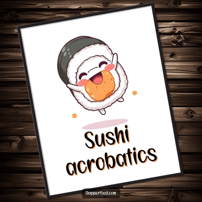Funny sushi roll poster, kawaii character in mid-somersault, cheerful wall art, perfect for a funny gift.