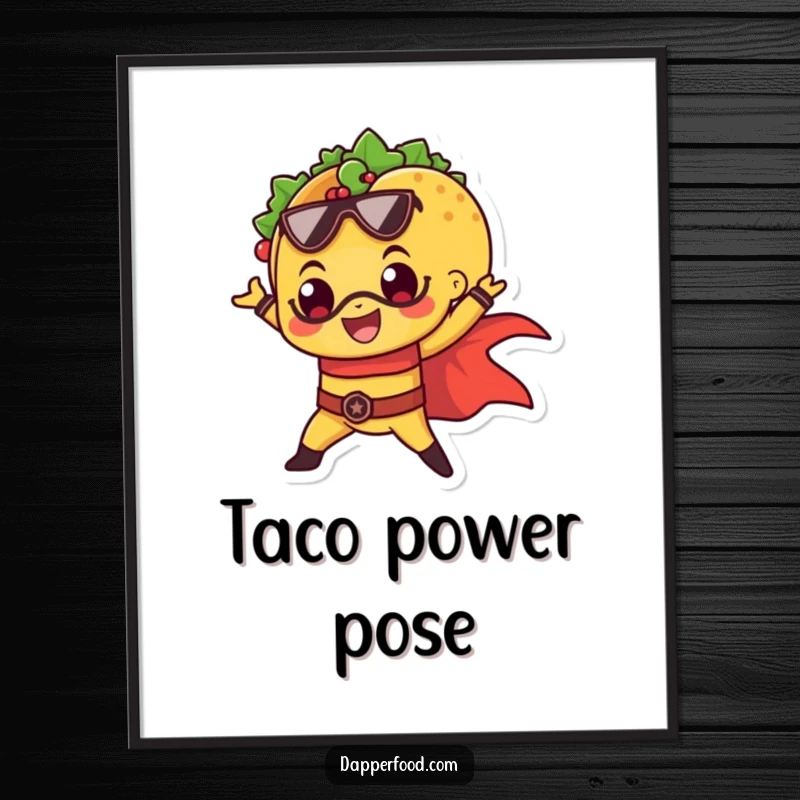 Funny poster print of a happy taco striking a dramatic superhero pose, bringing heroic energy to walls.