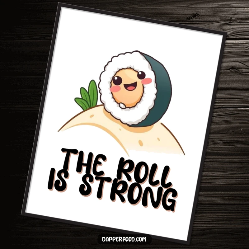 Funny Poster of a happy sushi roll character gleefully rolling downhill, bringing a sense of whimsical motion.