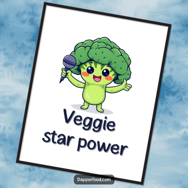 Funny poster print of a proud broccoli floret character holding arms up and presenting a tiny microphone, comedy wall art.